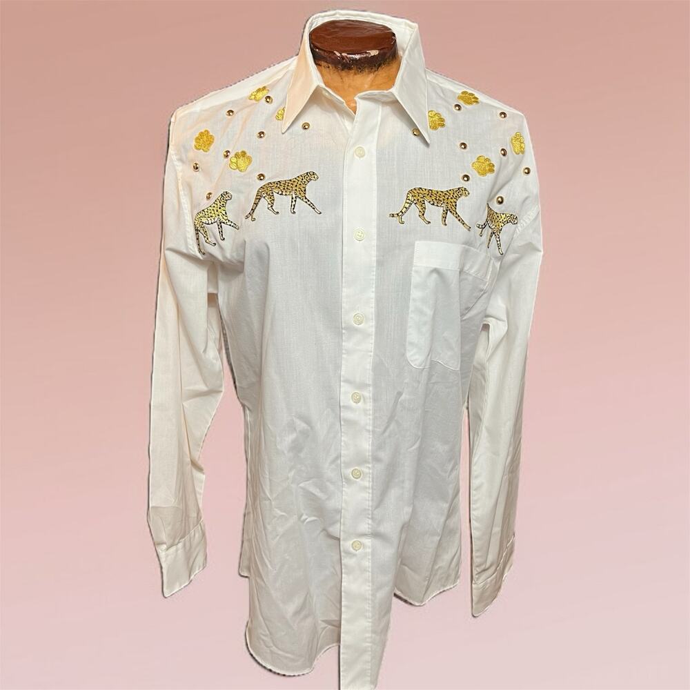 VINTAGE 80s Leopard Embroidered Button Up Shirt Size M Glam PGB Casual